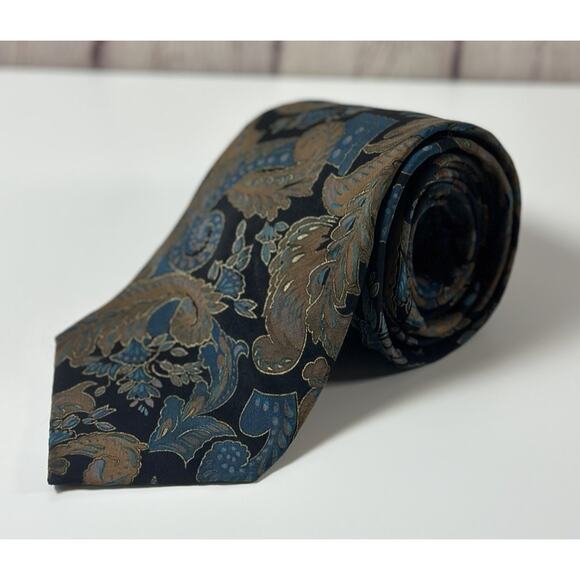 Damon All Silk Men’s Tie Paisley Floral Pattern Blue Brown Vintage USA Made - Picture 2 of 6